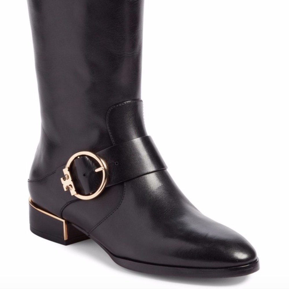 Tory Burch Black Heeled Boots with Gold Accents